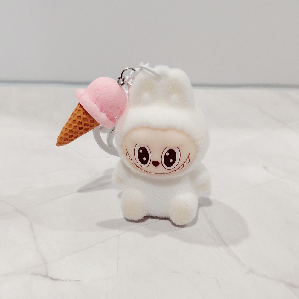 Labubu.    Adorable White With Pink Ice Cream Cone,  Keychain Clasp